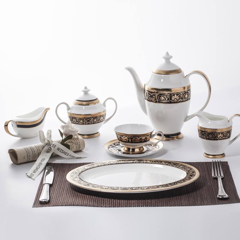 Dubai Black Embossed Bone China Crockery Golden Coffee Set Tea Set, Restaurant Modern Luxury Dinnerware Coffee Set>