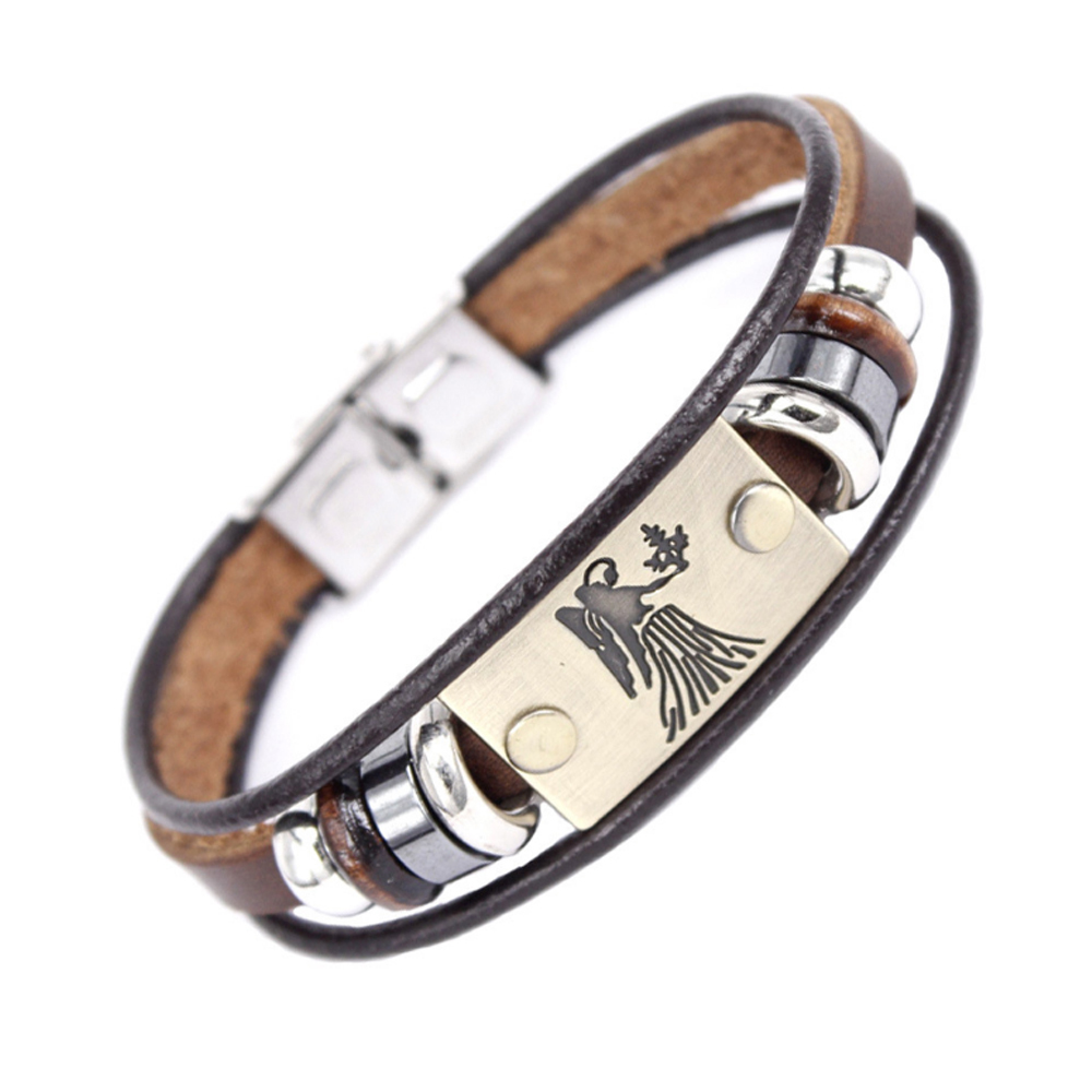 Factory Wholesale Love Braided Leather Zodiac Engraved Stainless Steel Women Bangle Bracelet Clasp