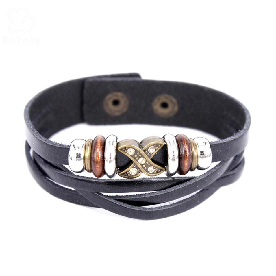 Wholesale Silver Charm Bangle Friendship Jewelry 18K Gold Leather Mens Bracelet
