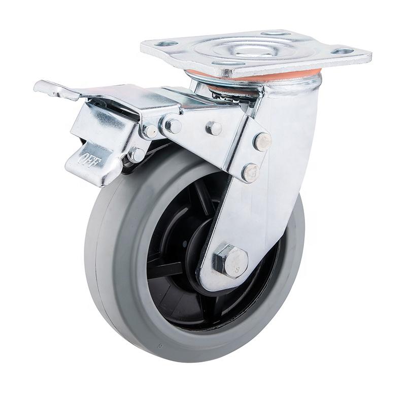 4inch 200kg Caster Wheels With Brakes Grey Elastic Heavy Duty Rubber Transport Equipment Industrial Caster Wheel
