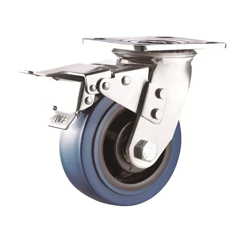 Zhongshan Factory Top Plate Swivel Double Brake 6 Inches Industry Double Ball Bearings Blue PU Caster And Wheel