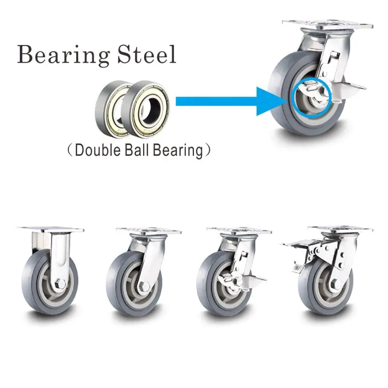 98 Shore A Hardness Double Ball Bearing 100mm PU Rubber Heavy Duty Swivel Caster Wheels Lockable Ball Bearing