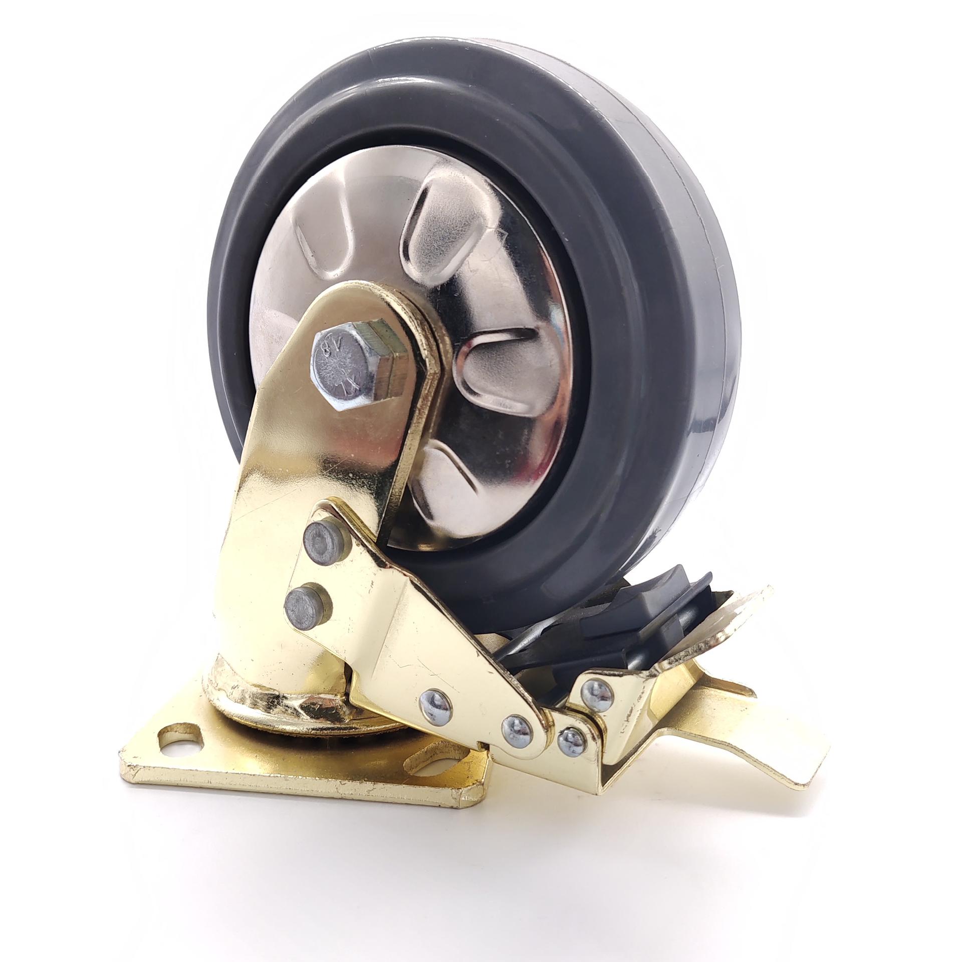 4 5 6 8 inch Gold Plated Dual Brake And Lock High Elastic Metal Thread Guard TPR Swivel Wheel Castor