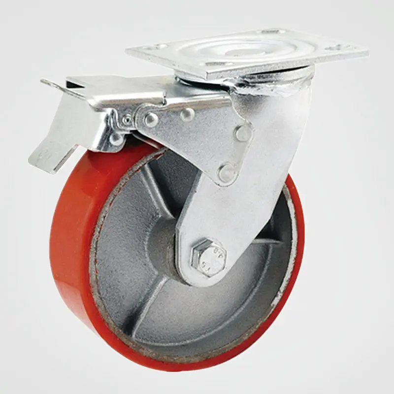 150mm Cast Iron PU Caster Wheel 6 Inch Cast Iron PU Castor Wheel With Brake