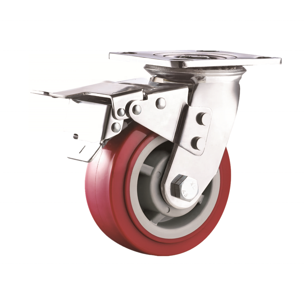 4 5 6 8 Inch Industrial Locking Double Ball Bearings Tool Cart Heavy Duty Galvanized Red PU Caster Wheels