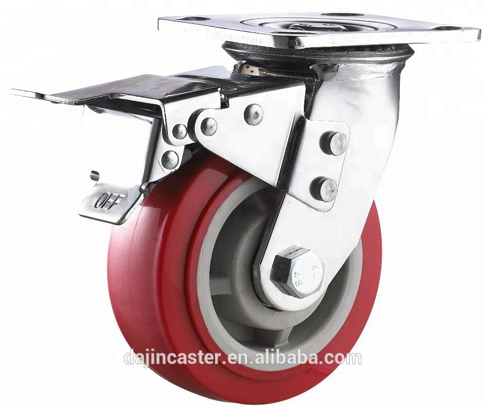 5 inch Red PU Industrial Caster wheels with total break and lock