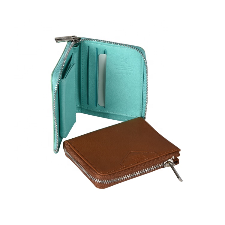 Factory Direct Sky Blue PU Leather Woman Wallet with Zipper