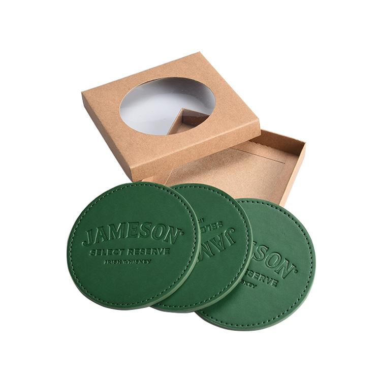 Factory supply Custom Restaurant Embossed PU Leather Cup Mat Coaster with debossed logo and gift box packing