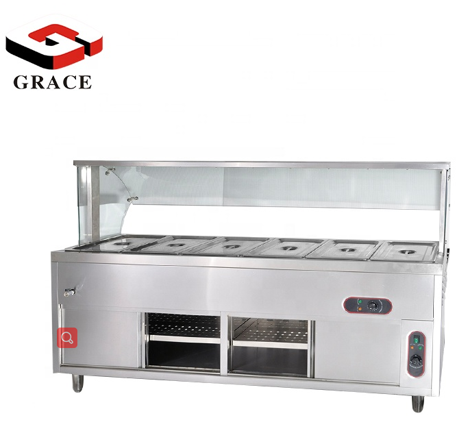 Commercial Restaurant Free Standing Stainless Steel 6 Container Bain Marie Buffet Counter With Glass Rack