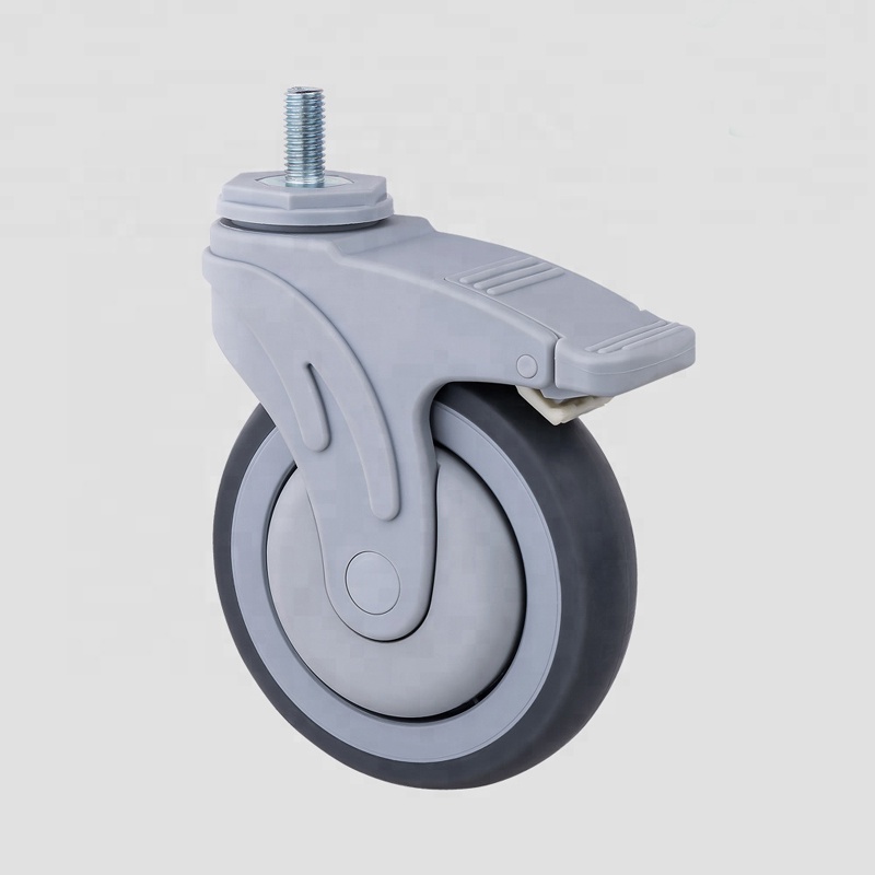 5" American Style Threaded Stem Water Proof Anti Rust Nylon Plastic Yoke Brake TPR Medical Hospital Equipment Caster Wheel