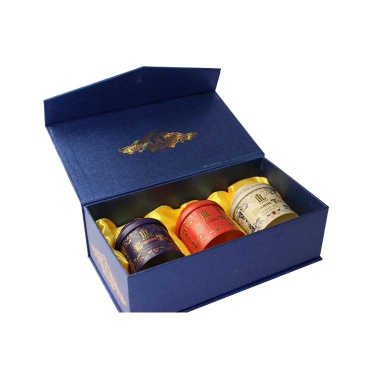 Hinged magnetic closure high grade tea coffee tin gift set cardboard lid box