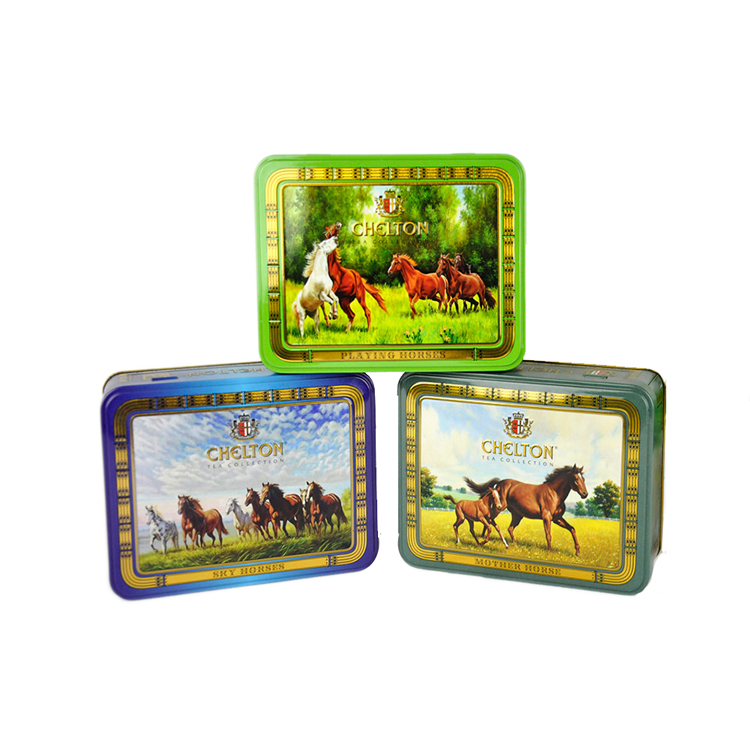 Wholesale rectangle customized printed metal tea tin food grade chocolate tin gift box with hinged