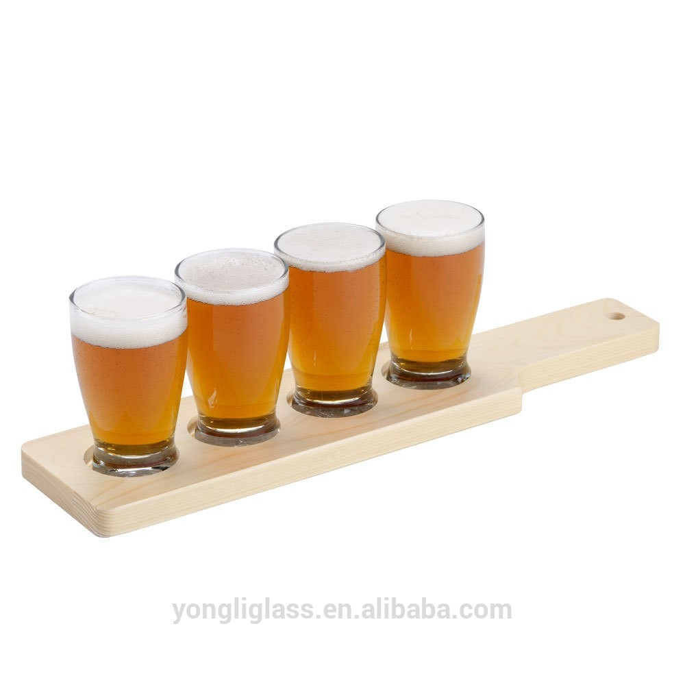Beer Sampler Glasses and Paddle, Craft brews beer flight wine glass set with natural woodden paddle