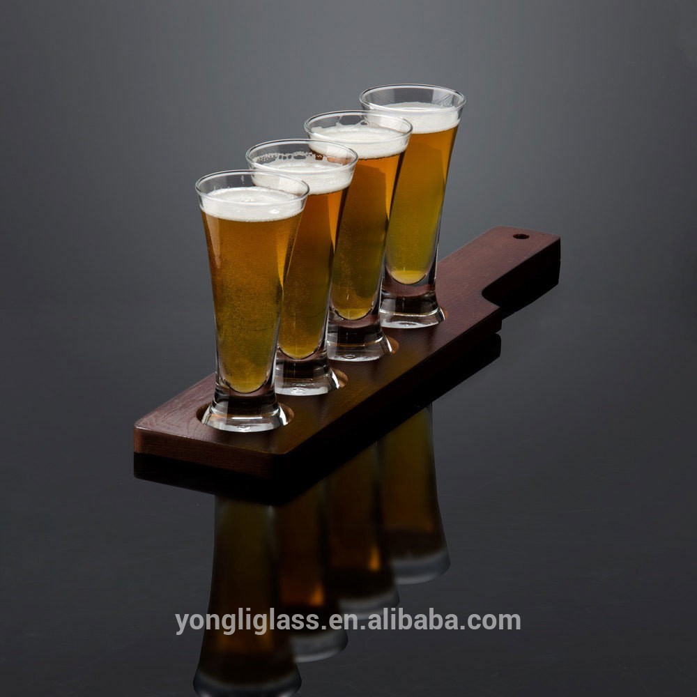 Beer Sampler Glasses and Paddle, craft brews beer flight glass set with natural wood paddle