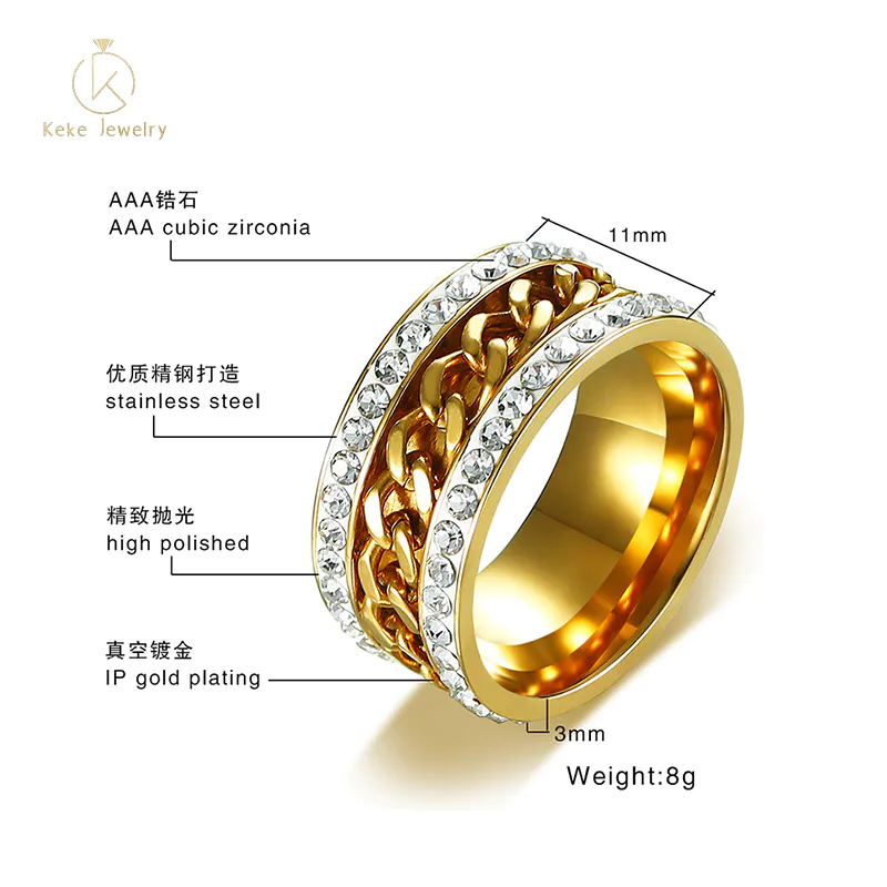 customizable Trendy Fashion Face Width 11MM Stainless Steel Rhinestone Chain Rotatable Ring Golden Ring R-358G