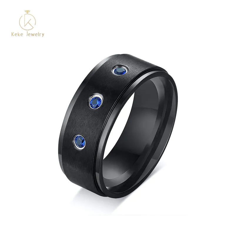 High-End Custom Black Stainless Steel With 3 Blue Zircon Fashion Ring R-442B