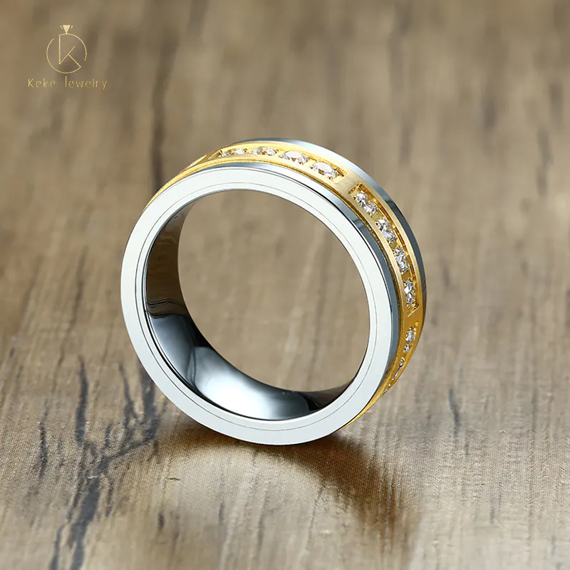 Chinese Manufacturer Wholesale 7MM inlaid zircon tungsten steel men's gold ring TCR-082