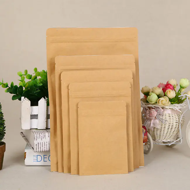 Zipper Kraft Aluminizing Pouch Flat Kraft Paper Bag With Resealable Zip Lock Grip Seal Food Grade Tea Coffee Packaging