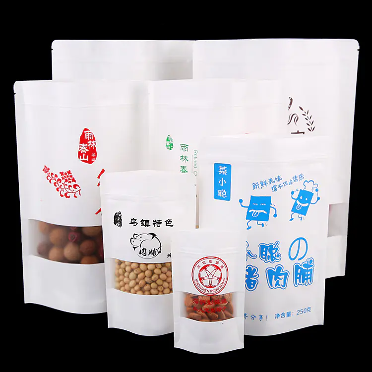 Custom Printed Plain Stand Up White Kraft Paper Food Packaging Pouches With Matte Window
