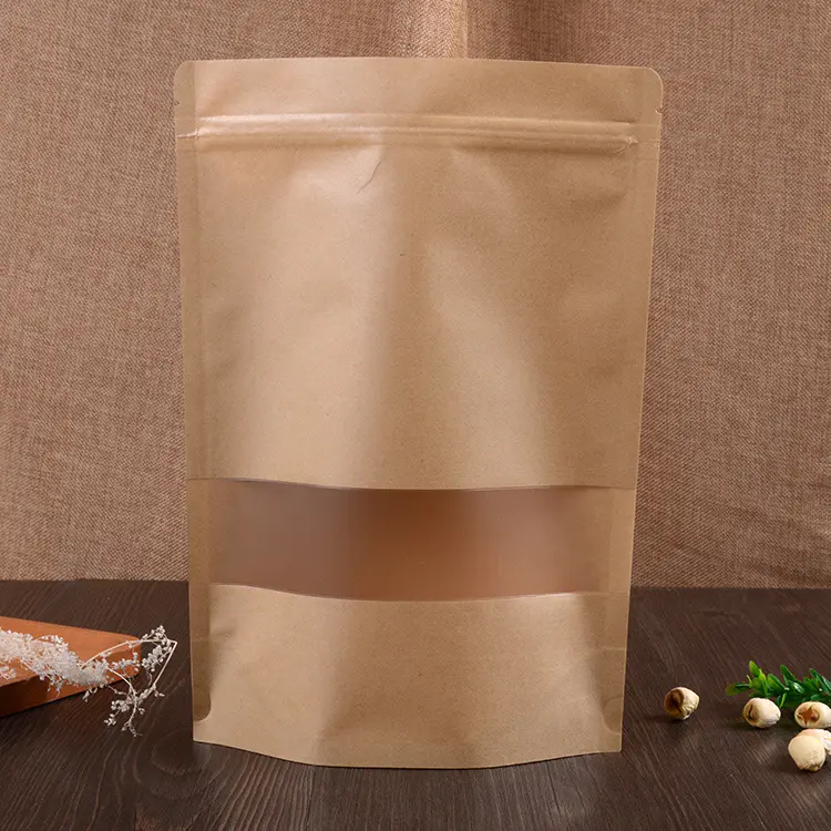 Wholesale Food Packaging Kraft Paper Standup PouchZip Lock Bag With Frosted Window