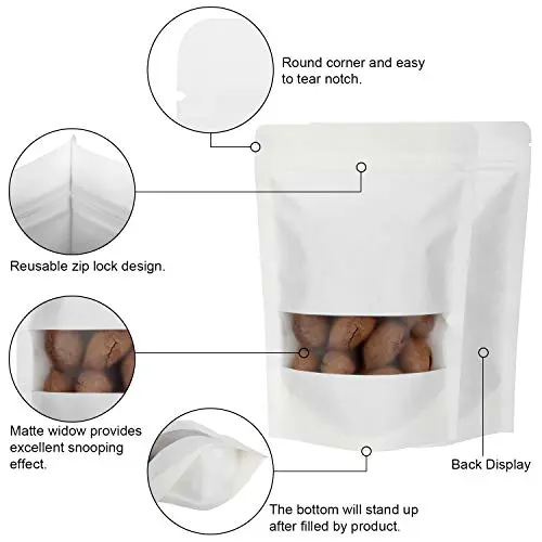 Kolysen Wholesale Stand Up Pouches White Kraft Paper Zipper Snack Bag With Matte Window