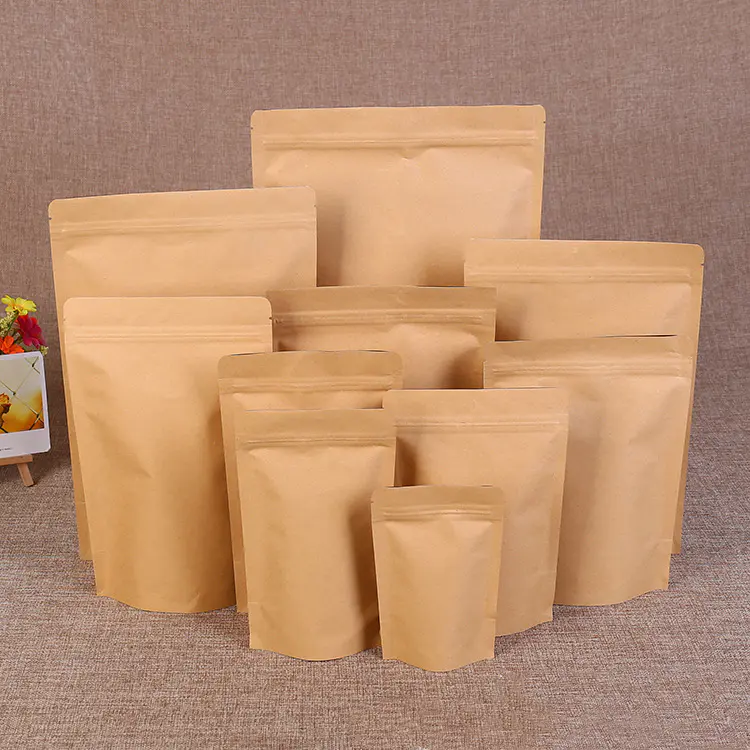 Zipper Brown Kraft Aluminizing Pouchse Stand Up Kraft Resealable Zip Lock Seal Bag For Dried Fruit Tea Coffee Packaging