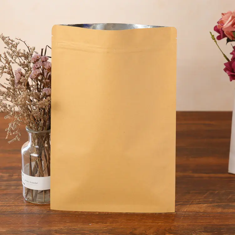 Zipper Brown Kraft Aluminizing Pouchse Stand Up Kraft Resealable Zip Lock Seal Bag For Dried Fruit Tea Coffee Packaging