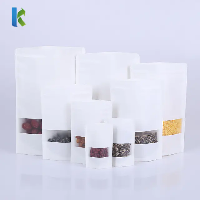 Custom Printed Plain Stand Up White Kraft Paper Food Packaging Pouches With Matte Window