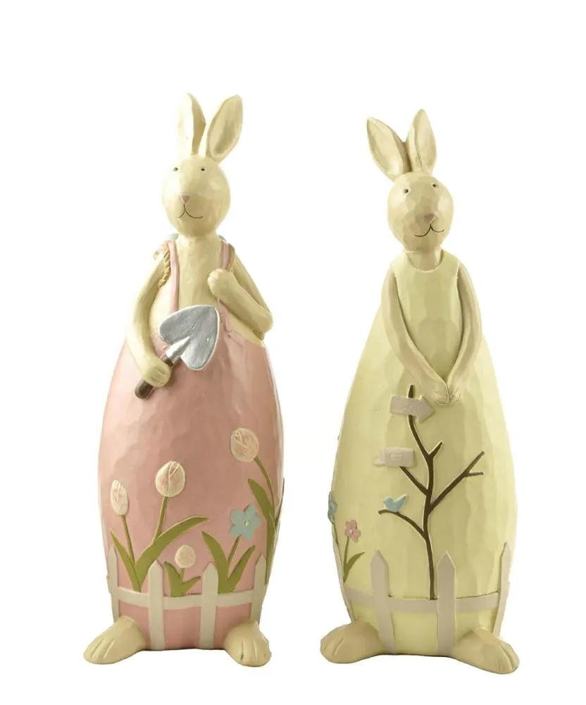 Polyresn Spring Bunny/ Rabbit Couple w/Shovel Garden Figurine Decoration