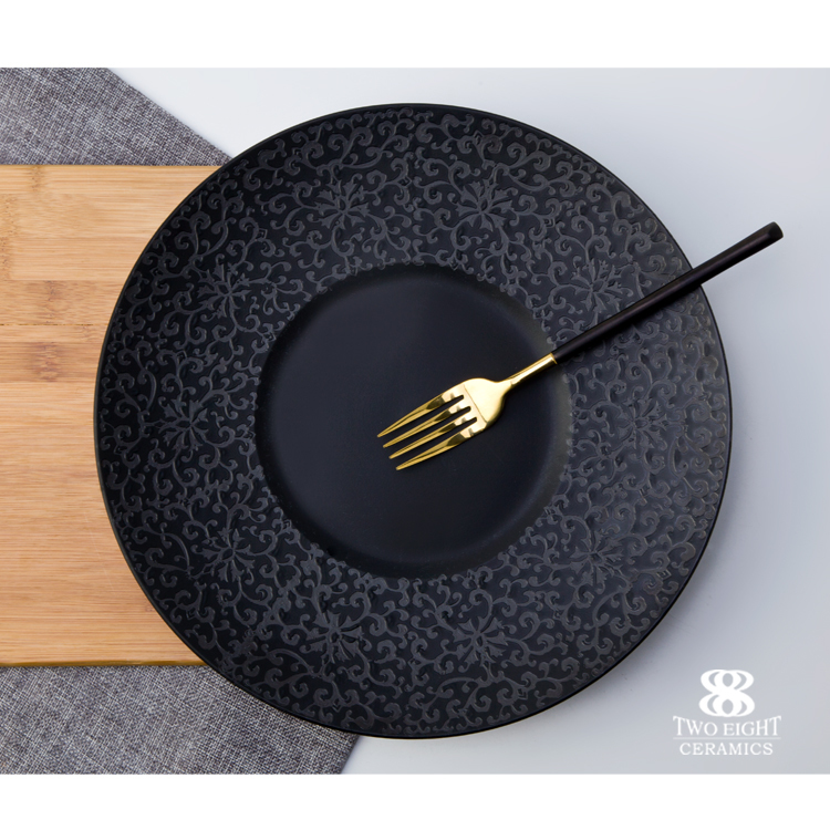 Mid east & Japanese matt black round ceramic flat plate