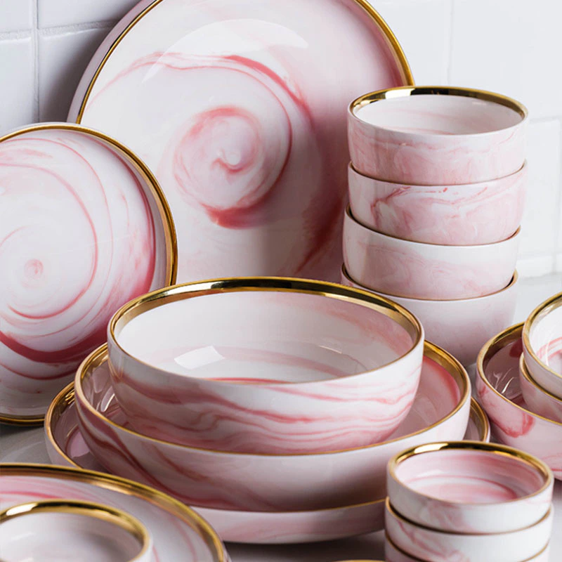 Nordic Restaurant Crockery Pink Dinnerware, Marble Porcelain Dinner Dish Ceramics Plate, Gold Rim Dinner Plate Tableware Set