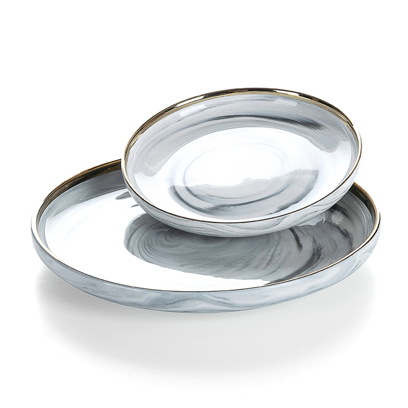 Porcelain Dinnerware Grey Dinner Plate Set, Restaurant Wedding Party Gold Ceramic Grey Plate, Hotel Marble Dessert Plate/