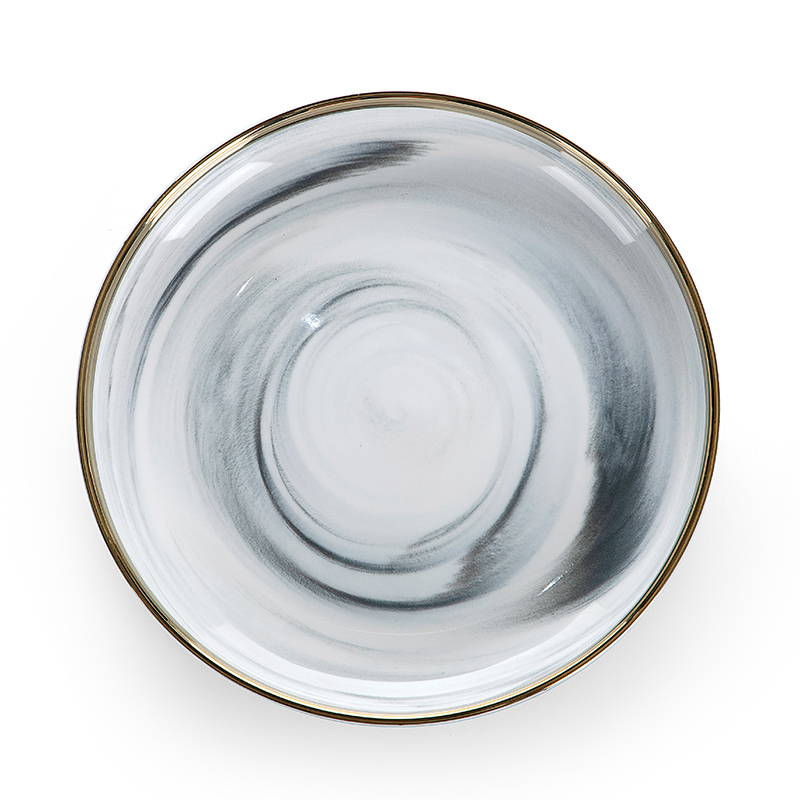Best Selling Gold Rim Grey Flat Round Ceramic Porcelain Marble Charger Plate, European Gold Rim Grey Marble Dish,Marble Plate^
