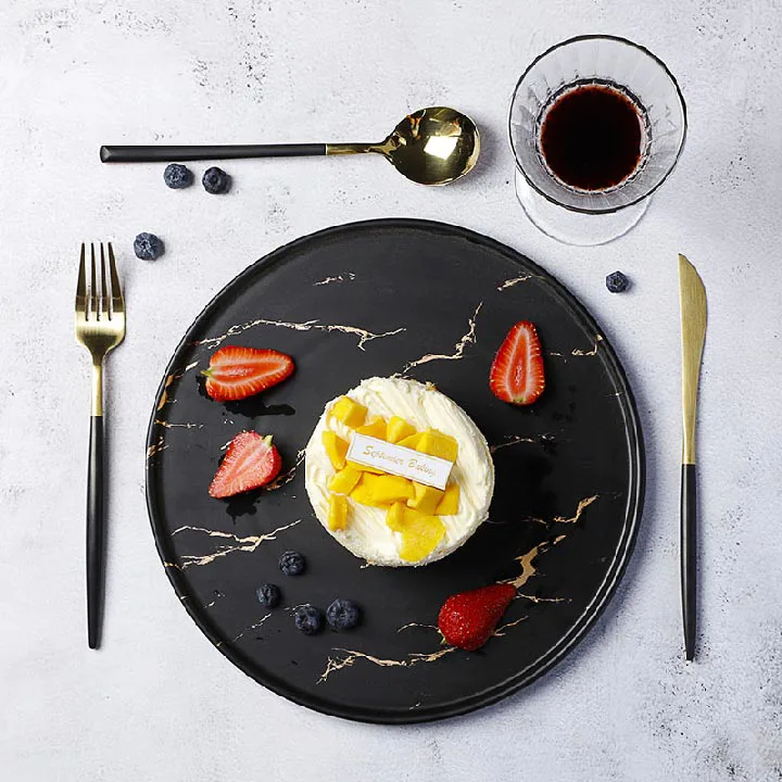Trending Products Two Eight Black &Gold Decal Flat Round Ceramic Porcelain Marble Charger Plate, Marble Dining Plate@