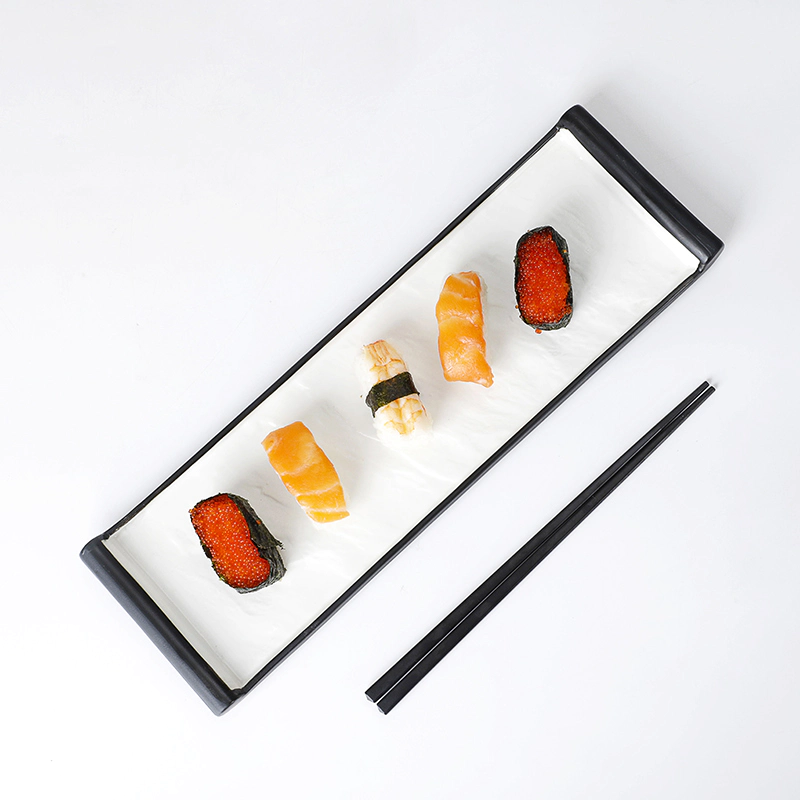 Porcelain Black and White Rectangle Customized Ceramic Japanese Sushi Restaurant Plate