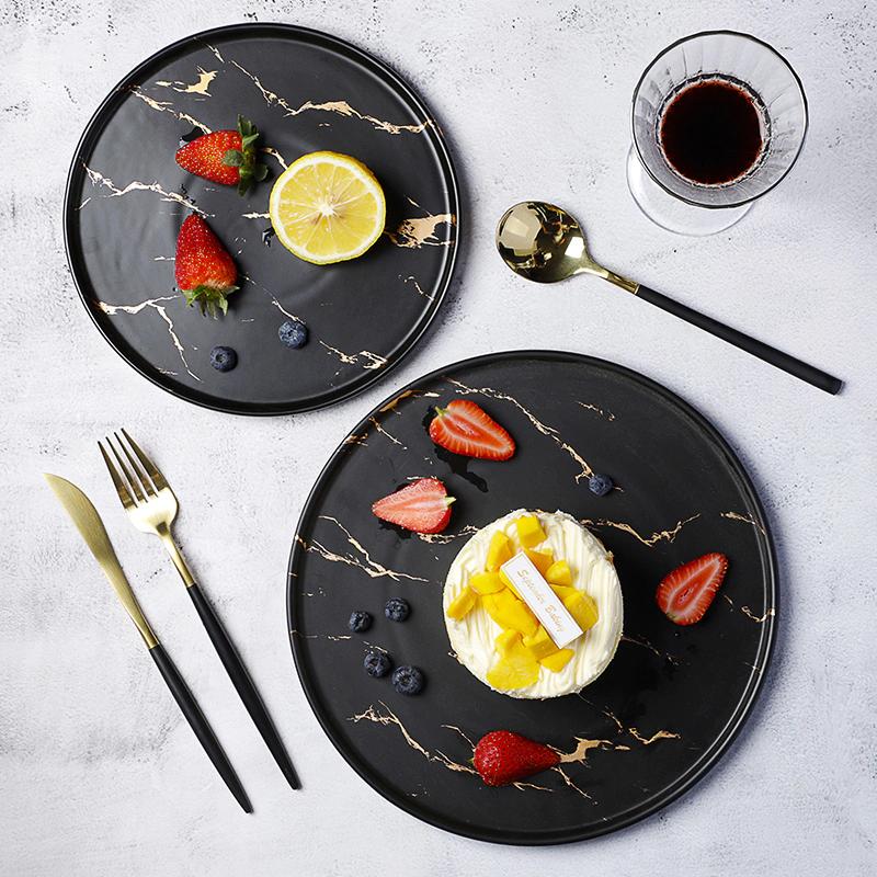 Fine Resort Crokery Dishes Restaurant, Hot Sale Round Marble Ceramic Plates, Special Cafe Dinnerware Black Color Dishes&