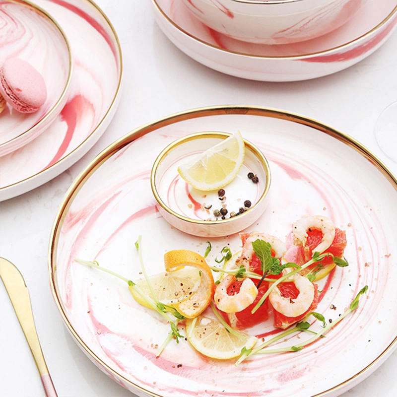 Nordic Restaurant Crockery Pink Dinnerware, Marble Porcelain Dinner Dish Ceramics Plate, Gold Rim Dinner Plate Tableware Set