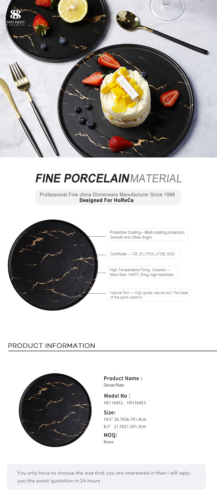 Luxury Two Eight Black &Gold Decal Porcelain Marble Dinnerware, Two Eight Black &Gold Decal Ceramic 8.5/10.5 Inch Marble Plate&