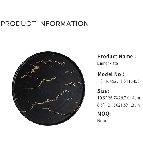 Durable Two Eight Black &Gold Decal Luxury Marble, New Arrivals Hotel Use Black &Gold Decal 8.5/10.5 Inch Marble Plate Sets&