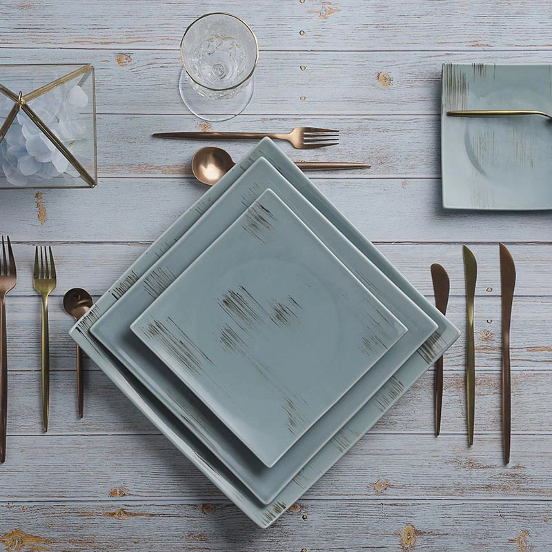 Fine Banquet Vajilla De Porcelana Plate Square, Rustic Resort Dinnerware Blue Dish, Color Restaurant Ceramic Dish Square~