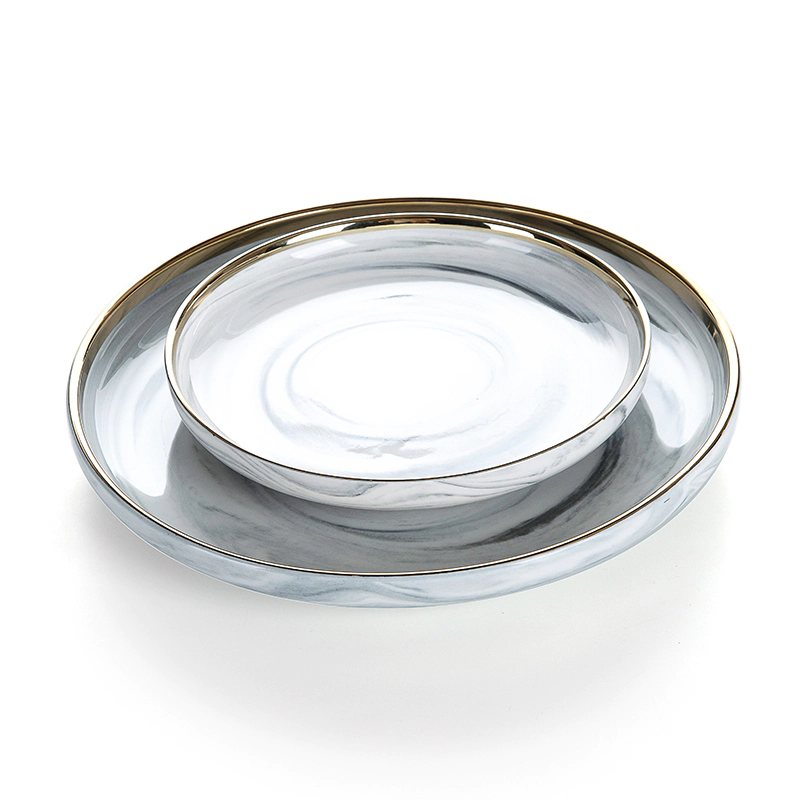 Restaurant Supplies Gold Rim Grey Marble Serving Plate, Latest Product Gold Rim Grey Marble Serving Plate~