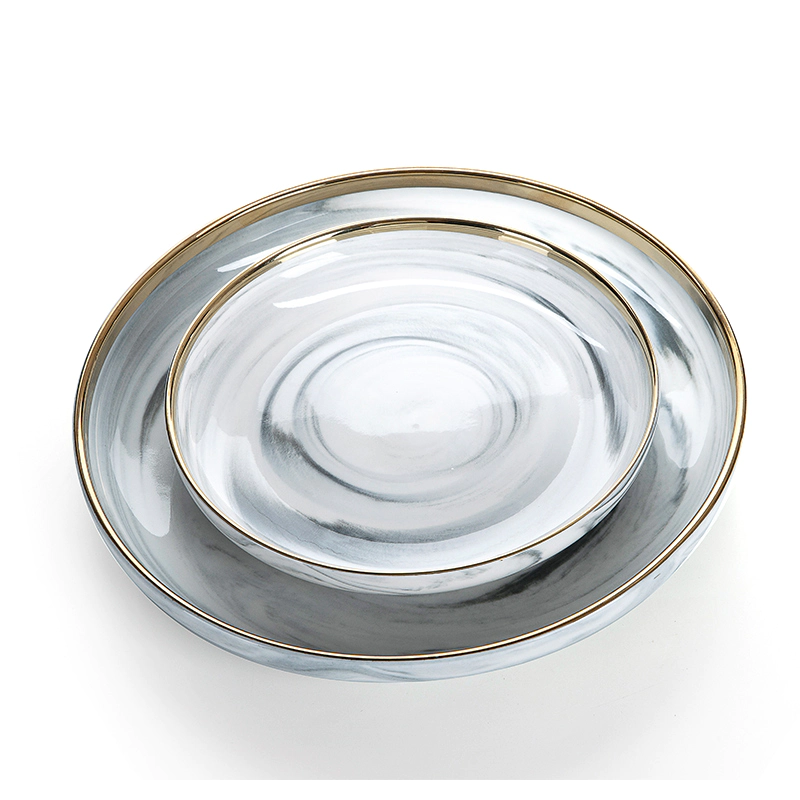 Latest Product Gold Rim Grey Marble Dish, European Gold Rim Grey Marble Plate Sets, Marble Plate Sets#
