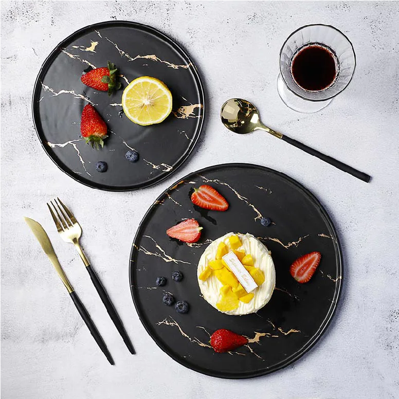 Durable Two Eight Black &Gold Decal 8.5/10.5 Inch Marble Dining Plate, Best Selling Black &Gold Decal Luxury Marble&