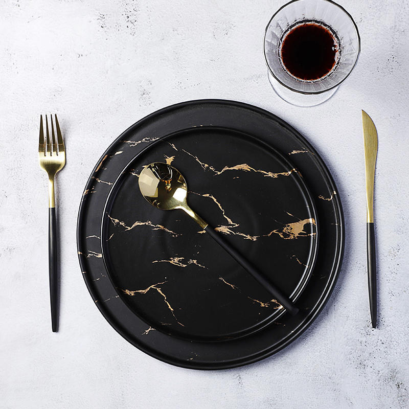 Trending Products Two Eight Black &Gold Decal Dinnerware Sets 8.5/10.5 Inch Marble Plates, Marble Ceramic Plates&