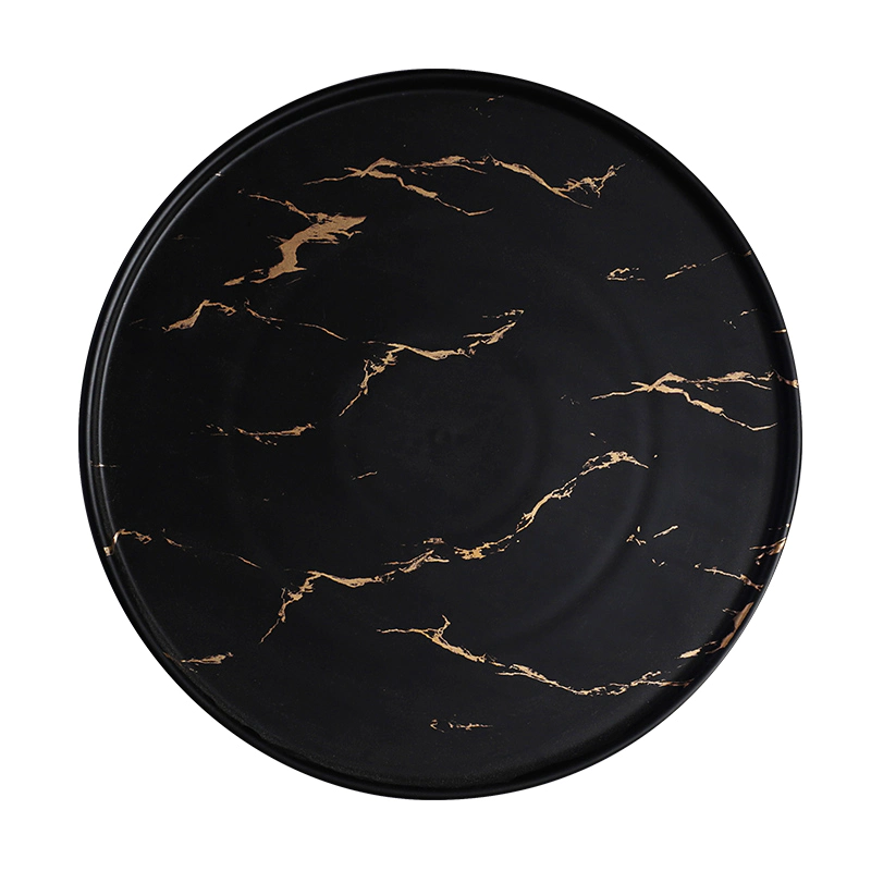 Trending Products Two Eight Black &Gold Decal Flat Round Ceramic Porcelain Marble Charger Plate, Marble Dining Plate@