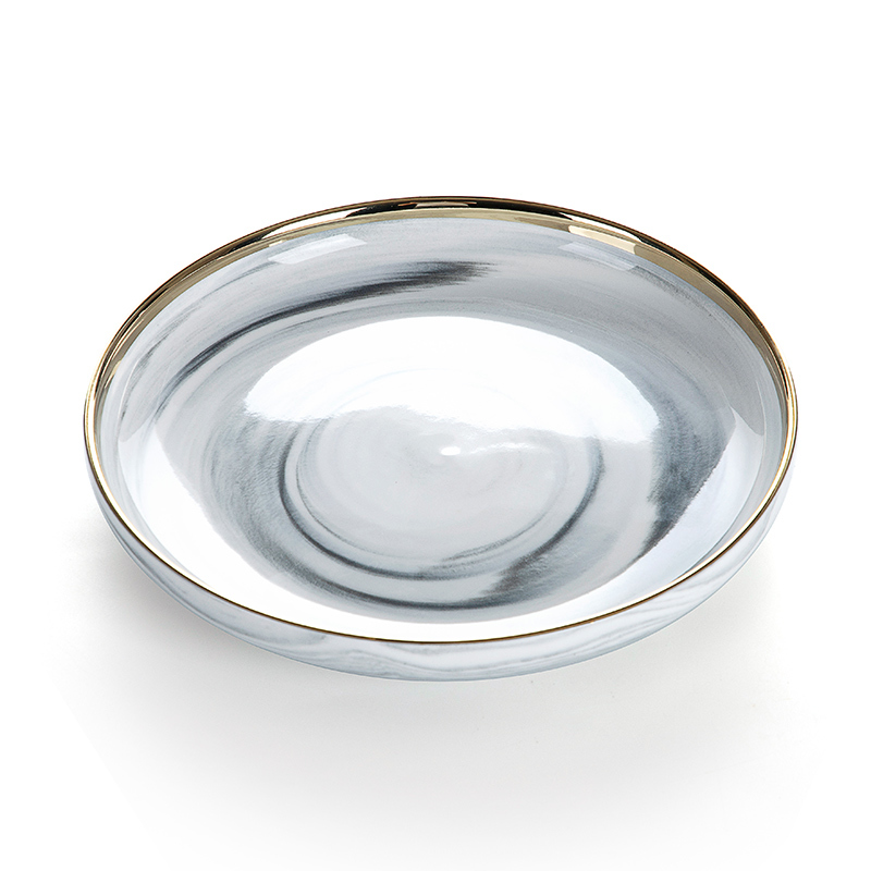 Hotel China Ware Gold Rim Grey Flat Round Ceramic Porcelain Marble Charger Plate, Marble Dish^