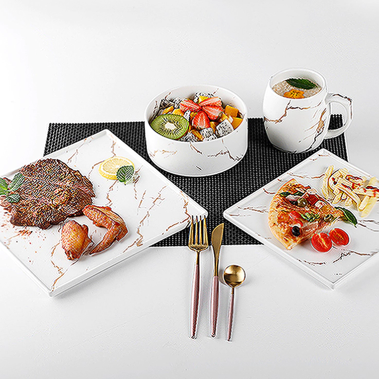 New Style Gold Inlay Porcelain Plates, Cafe Hotel Restaurant Crockery Dishes, Marble Ceramic Dinner Plate*