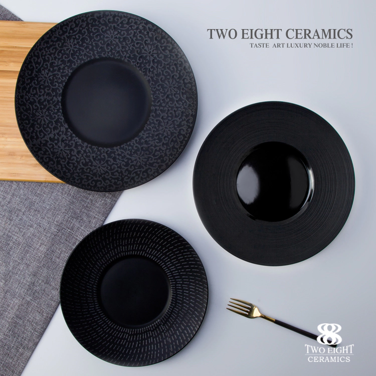 Mid east & Japanese matt black round ceramic flat plate