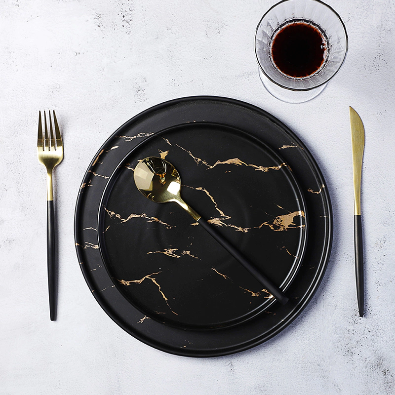 Durable Two Eight Black &Gold Decal Luxury Marble, New Arrivals Hotel Use Black &Gold Decal 8.5/10.5 Inch Marble Plate Sets&