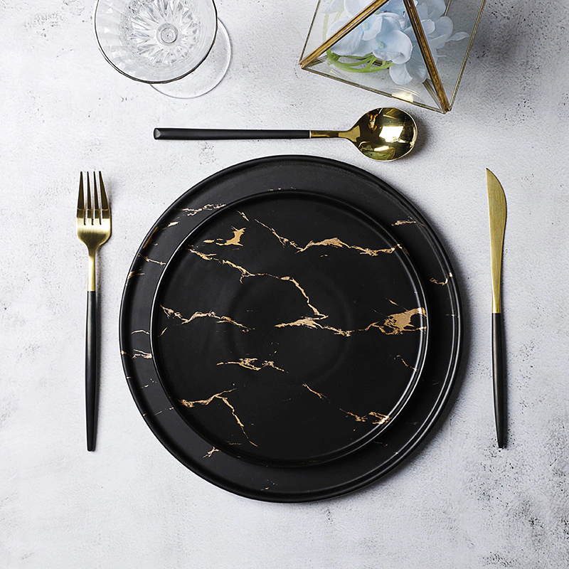 Hot Sale Ceramic 10 Inch Luxury Black Gold Wedding Restaurant Catering Hotel Used Dinner Plates